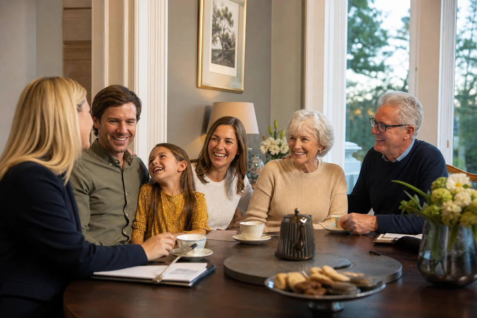 A happy family marking a property sale milestone with their adviser.