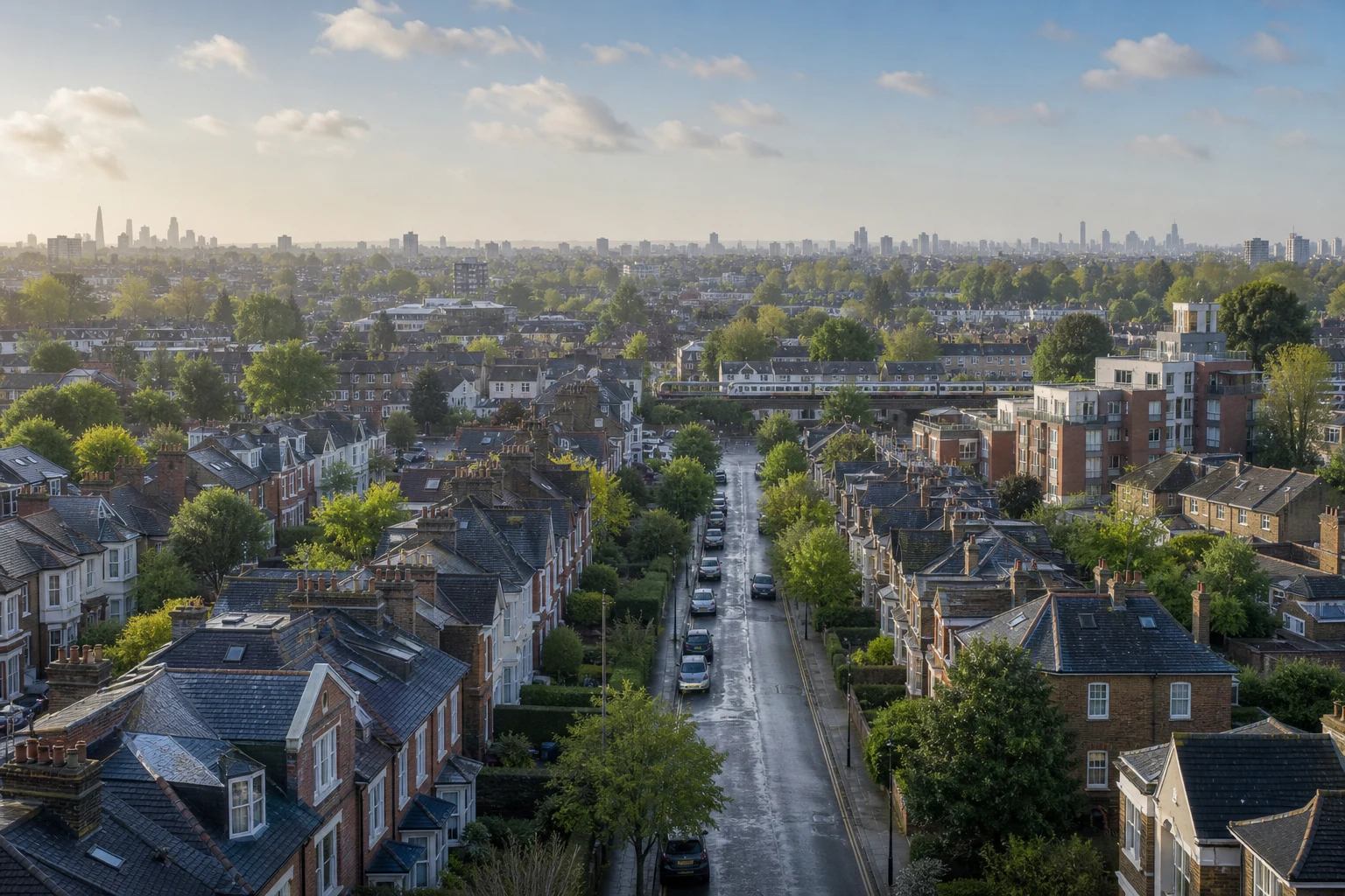 An elevated view across a London commuter neighbourhood after rain.