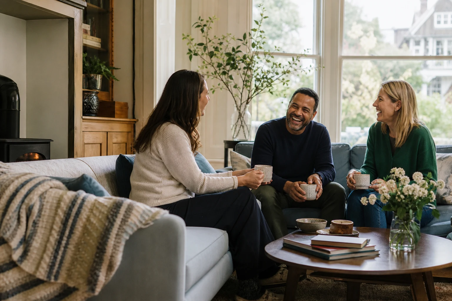Three friends talking over tea in a bright British home.