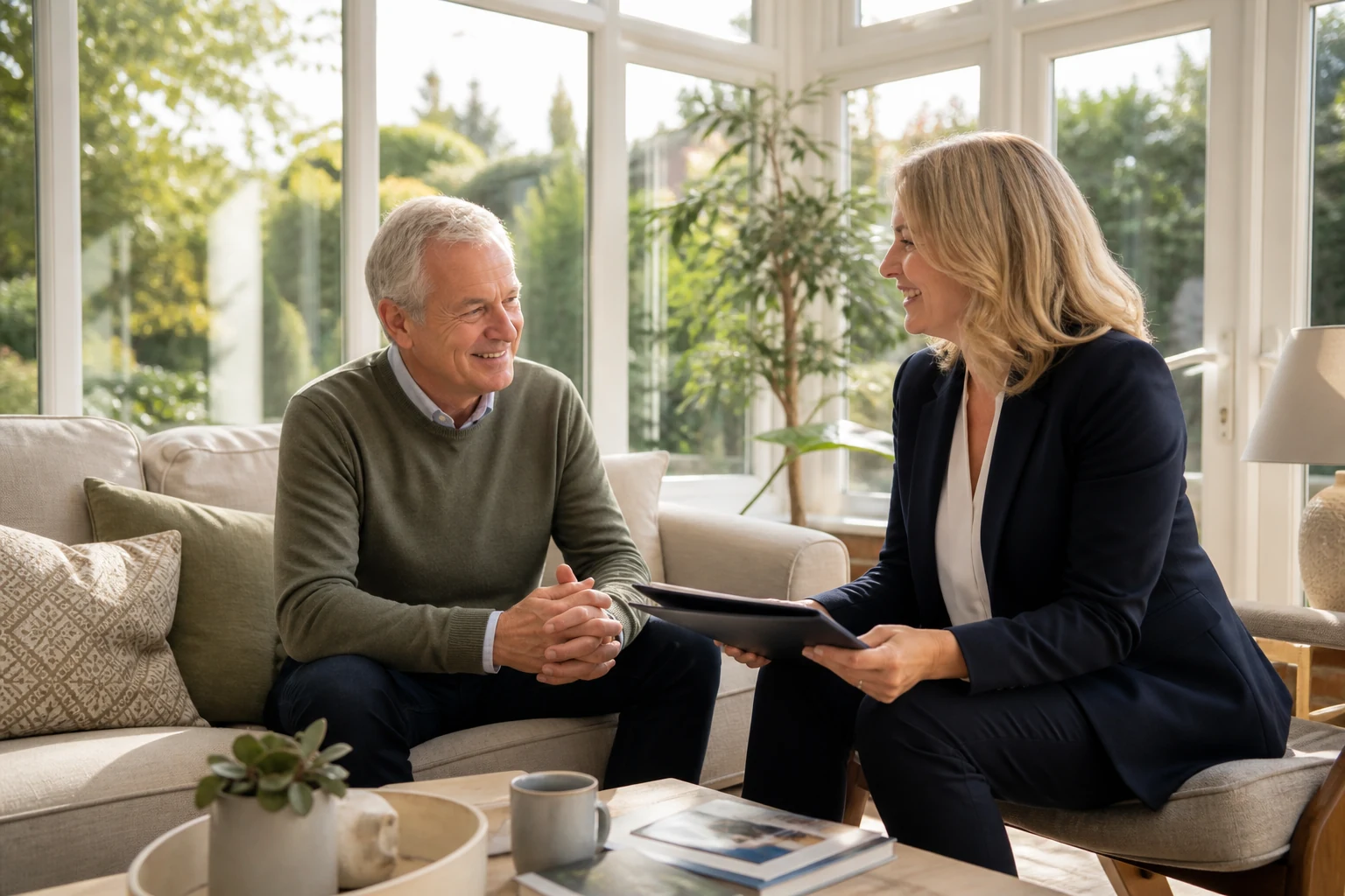 A relaxed homeowner talking with a property adviser in a conservatory.