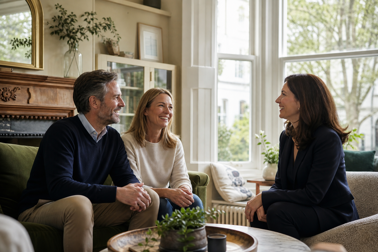 Homeowners having a positive property conversation with an adviser.