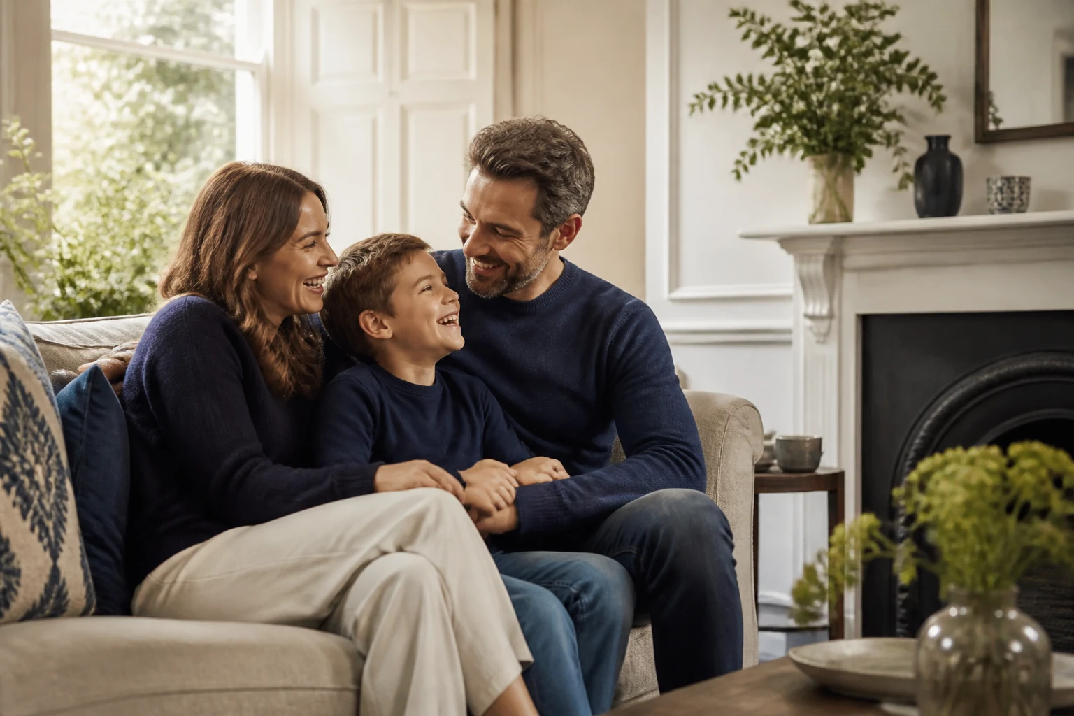 A smiling family discussing their property plans in a bright sitting room.