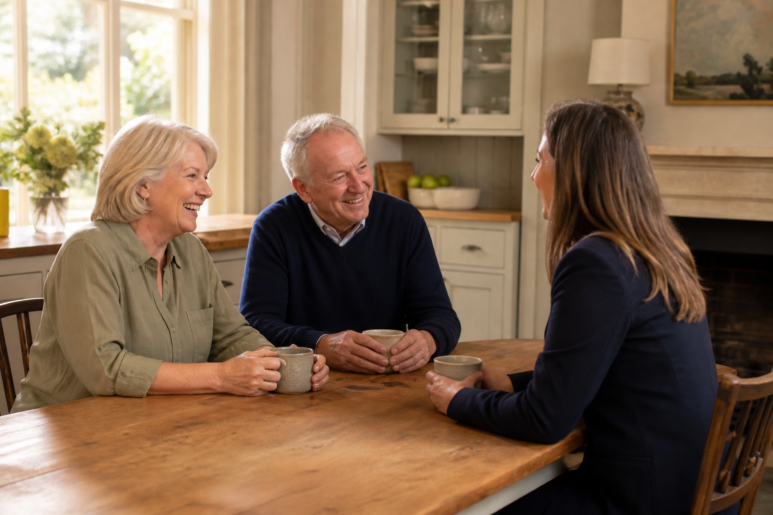 Homeowners having a positive property discussion in a bright home.