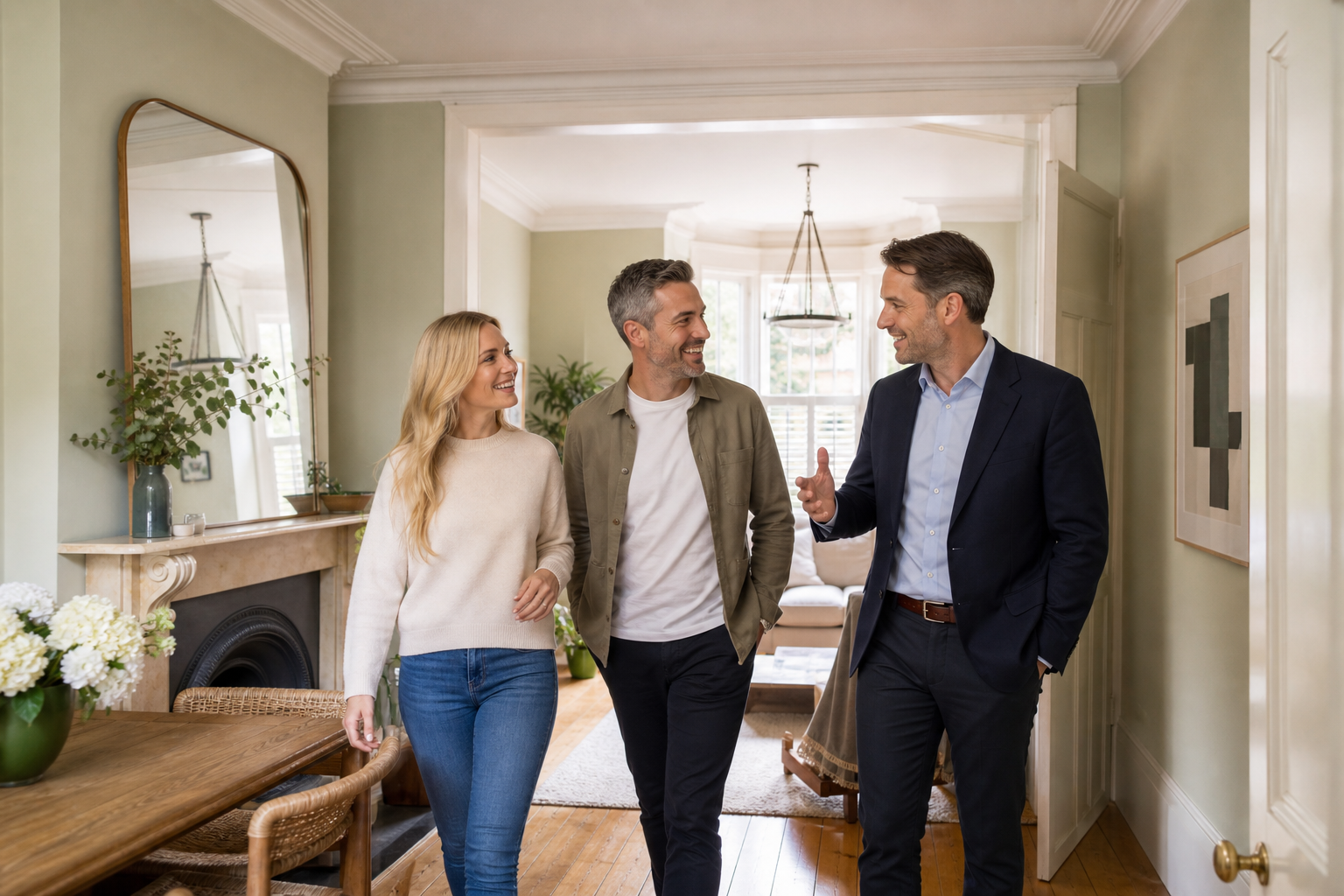 A happy homeowner couple walking through their home with an estate agent.
