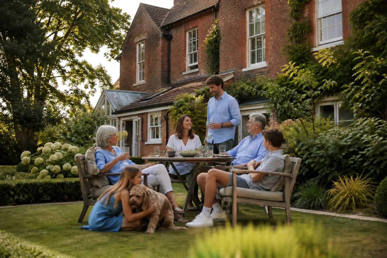 A family spending time together in the garden of a British home.