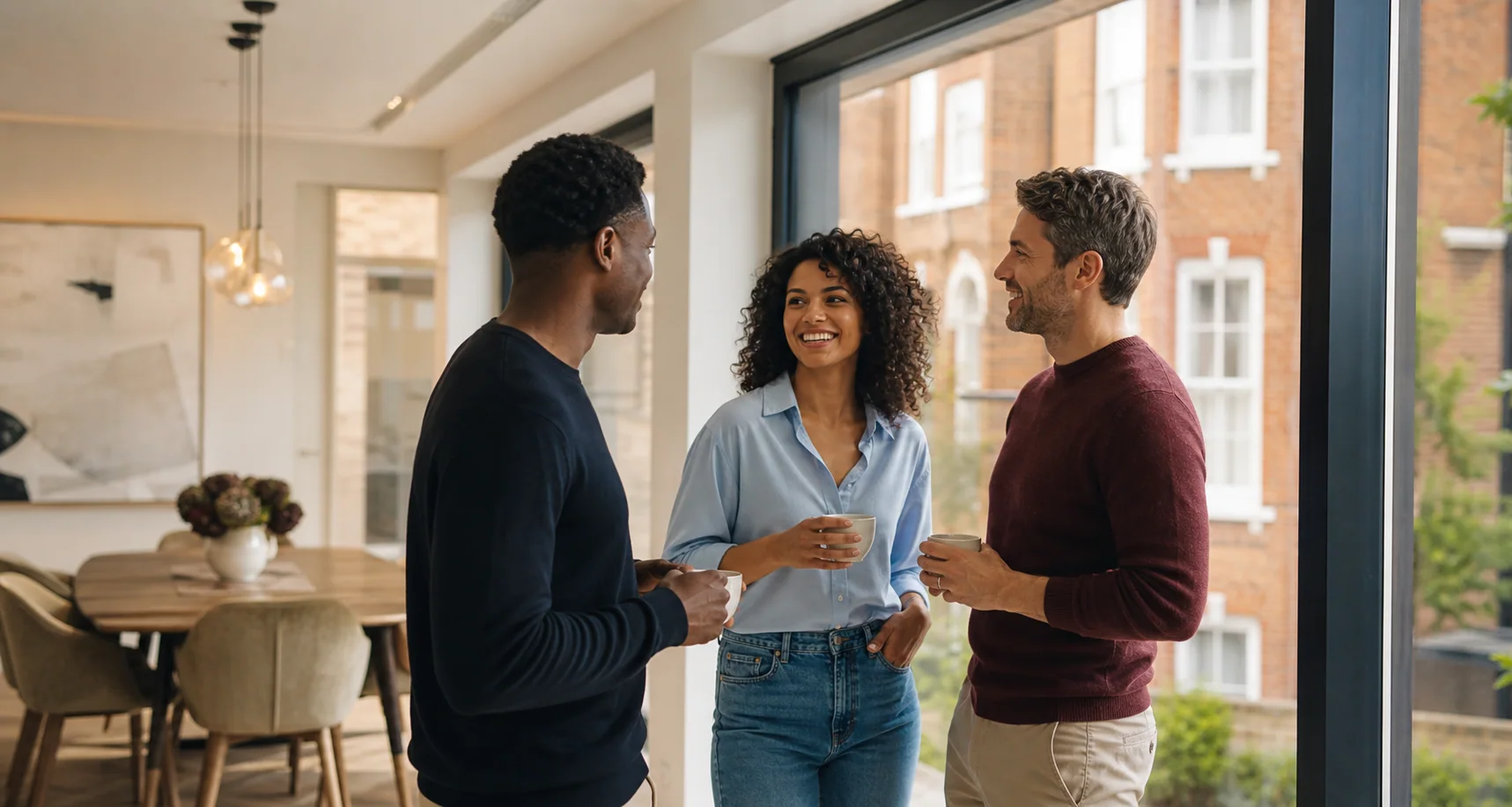 Three friends talking together in a bright British home.