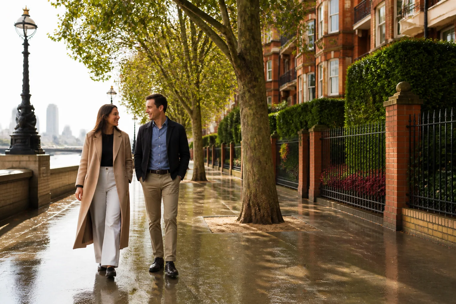 A couple walking and talking in a London riverside neighbourhood.