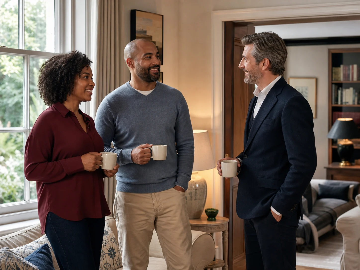 Homeowners talking naturally with an adviser at home.