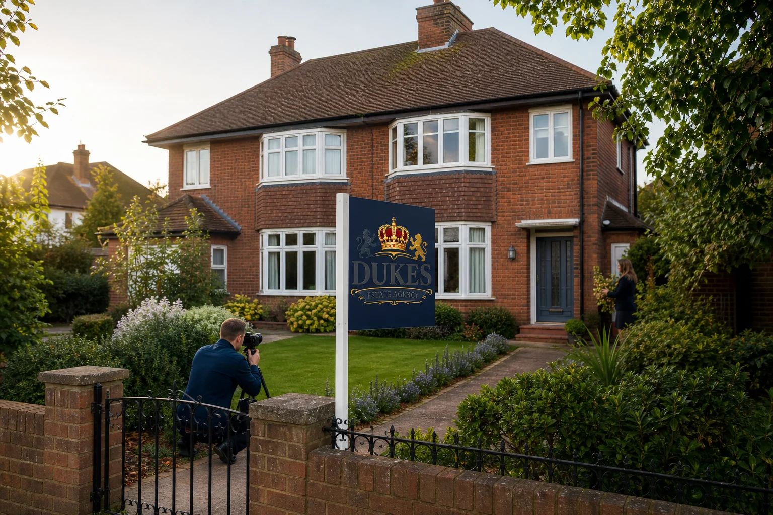 A Dukes Estate Agency sale board outside the British home being marketed.