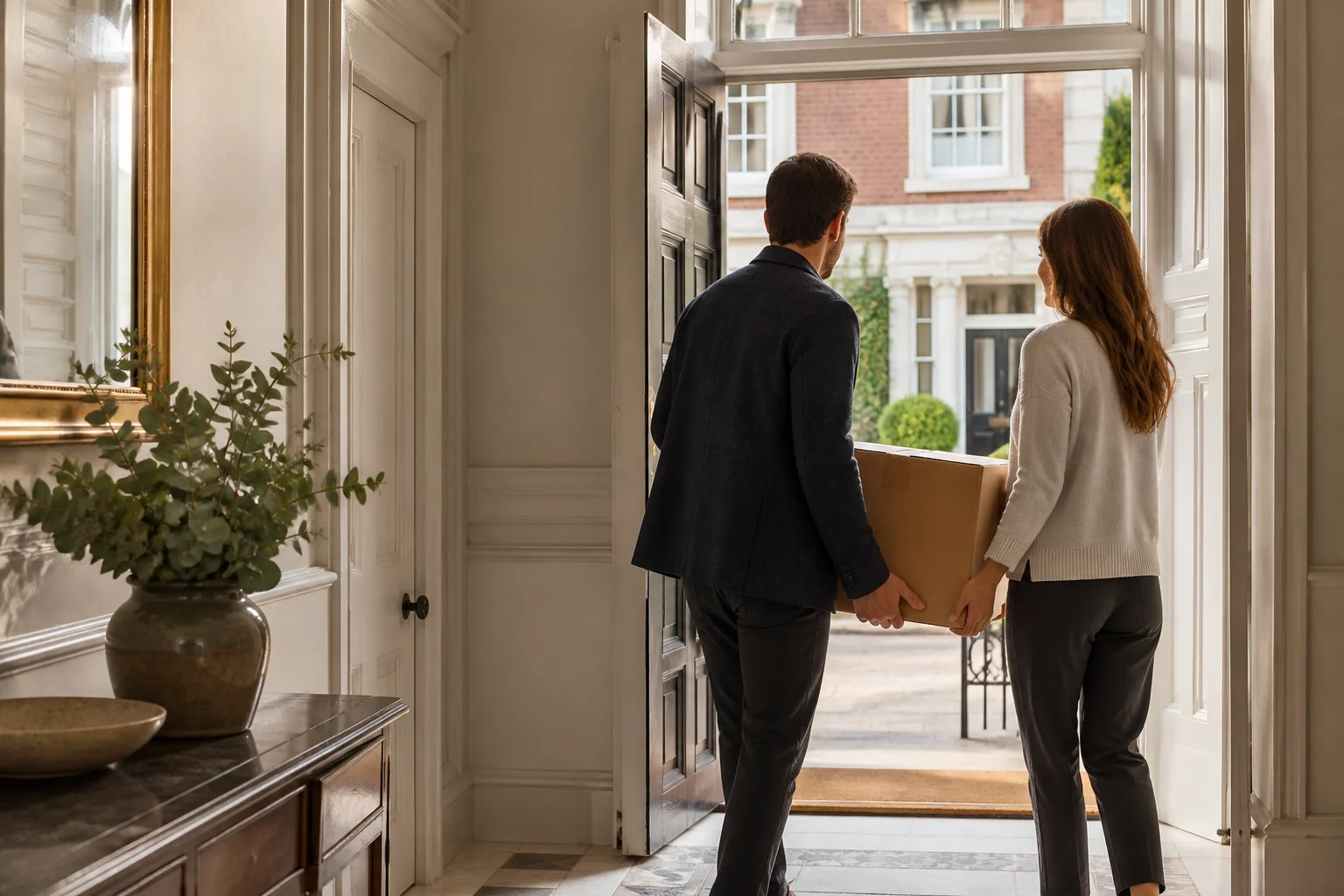 A couple carrying a moving box through the doorway of a period home.