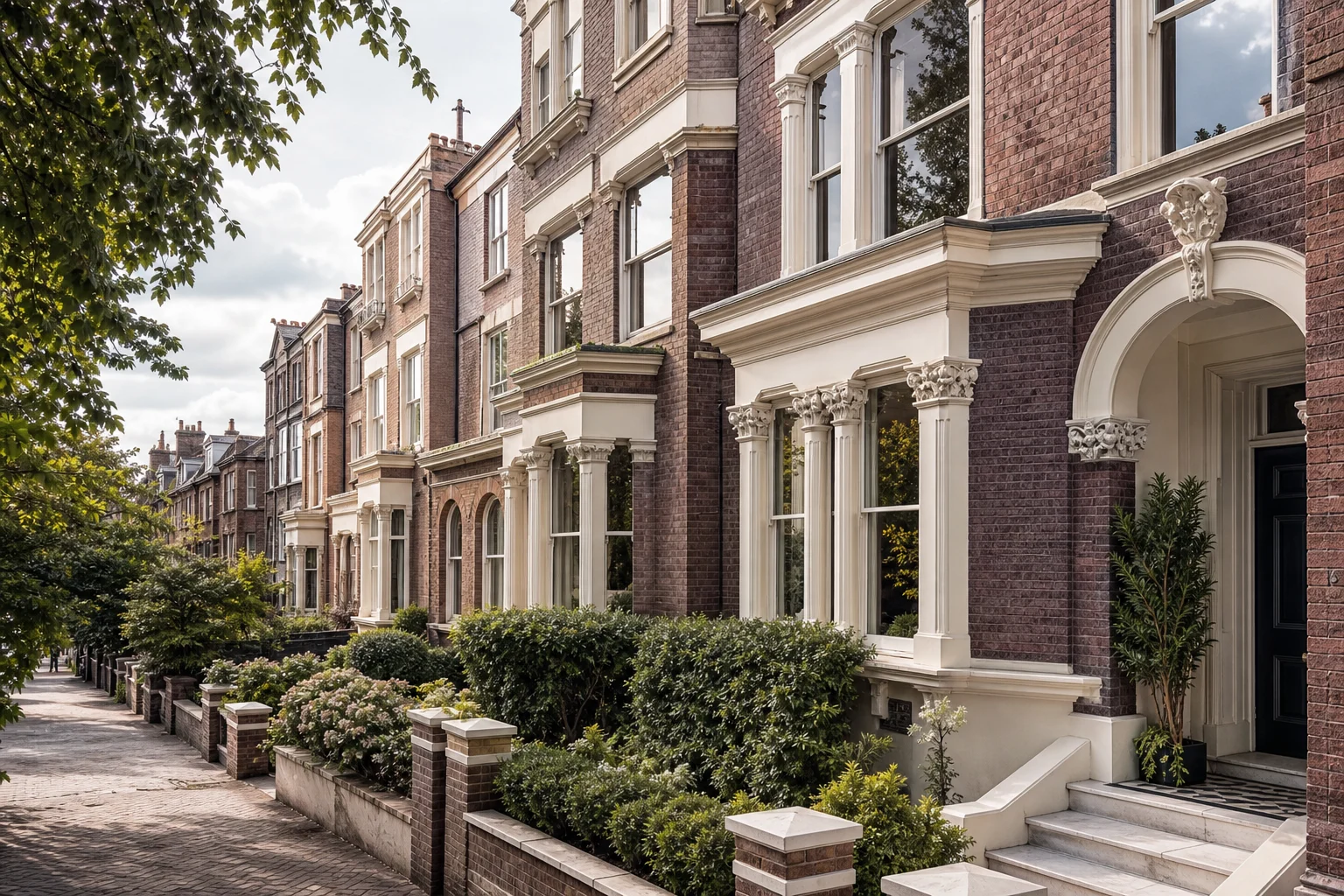 A refined terrace of period townhouses with warm brickwork, stone detailing and mature planting.