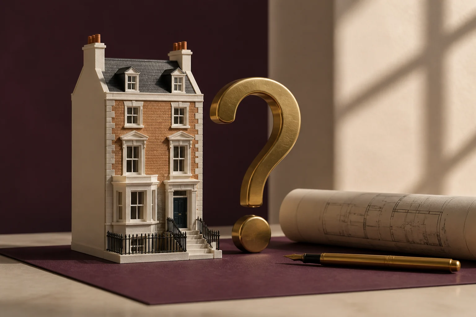 A model period townhouse beside a sculptural brass question mark and architectural plans.
