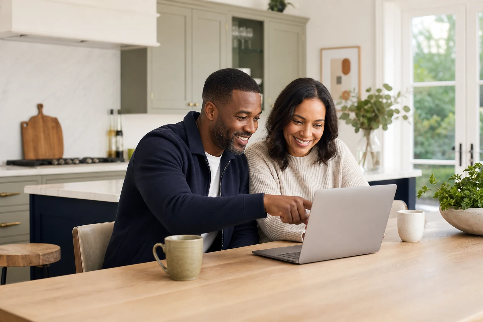 A happy couple review their tenancy information together at a kitchen table.